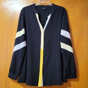 V neck blouse, black, white and yellow tones